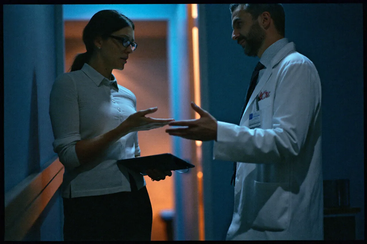 Two physicians talking in a clinic hallway